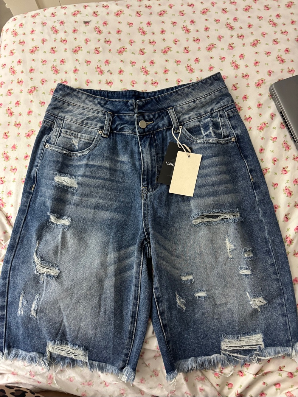 Distressed Dark Blue Women's Denim Bermuda Shorts Flamigals Medium